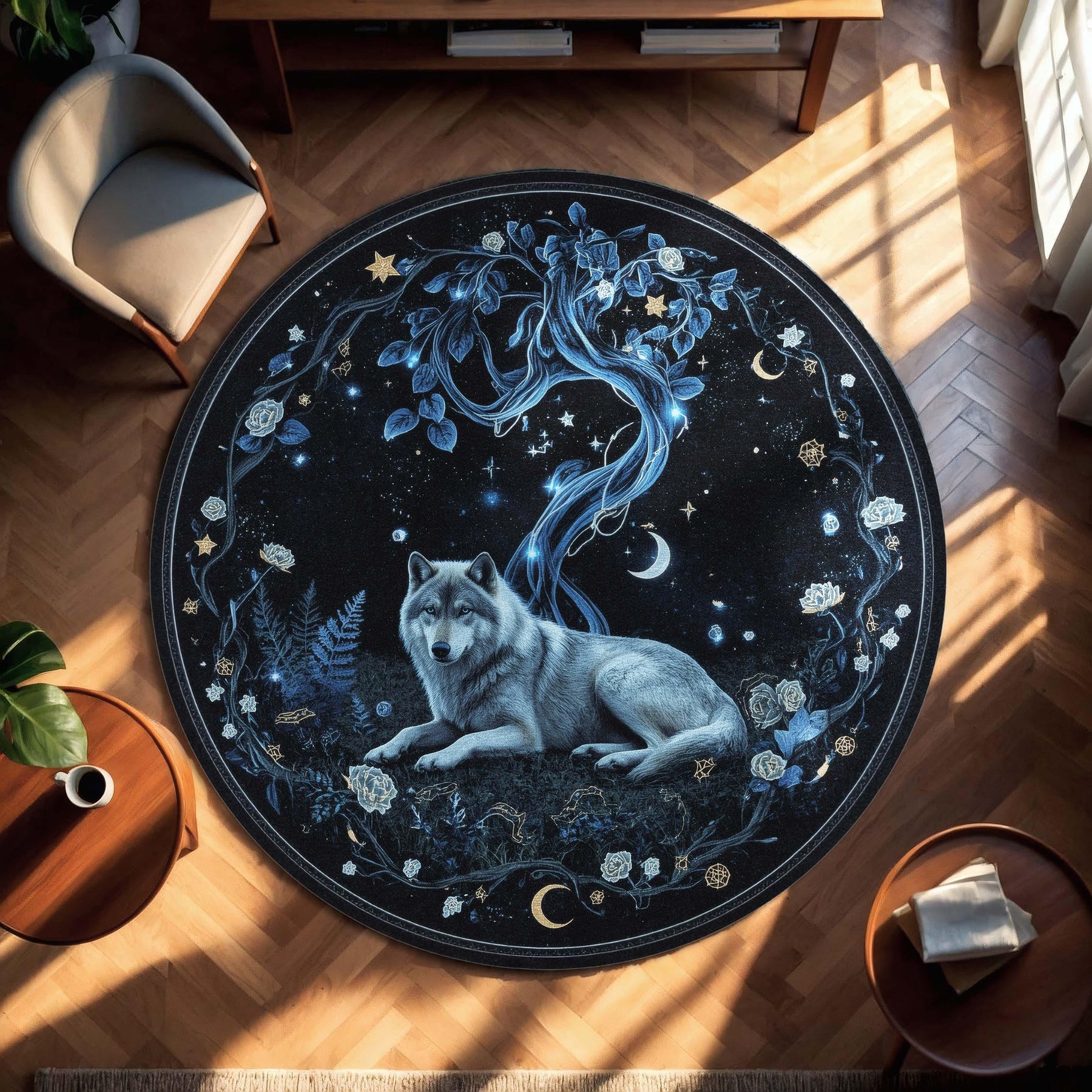 Celestial Wolf Round Rug | Moonlit Forest Carpet with Starry Tree & Night Sky | Mystical Animal Decor for Dreamy Interiors | Silver Wolf Rug