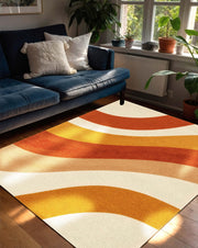 Retro Wavy Orange Area Rug | Mid Century Modern Warm Color Carpet | Groovy Pattern Washable Rug for Living Room or Bedroom Decor