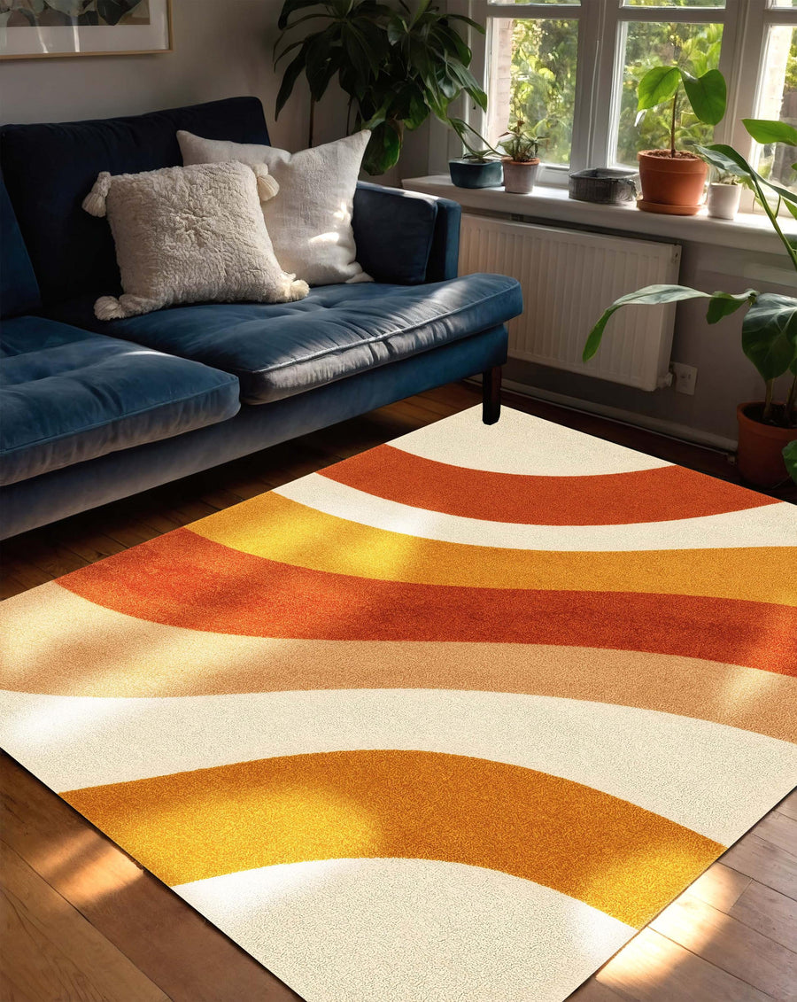Retro Wavy Orange Area Rug | Mid Century Modern Warm Color Carpet | Groovy Pattern Washable Rug for Living Room or Bedroom Decor