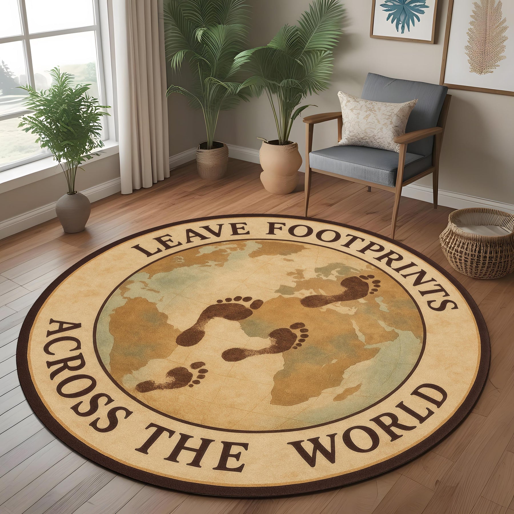 Round Travel Map Carpet with Footprint Design for Global Souls and Wanderlust Decor