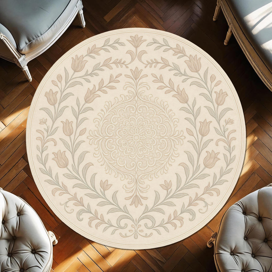 Round Beige French Cottagecore Botanical Rug, Tulip Floral Circle Carpet, French Country Round Area Rug, Soft Neutral Boho Floor Mat