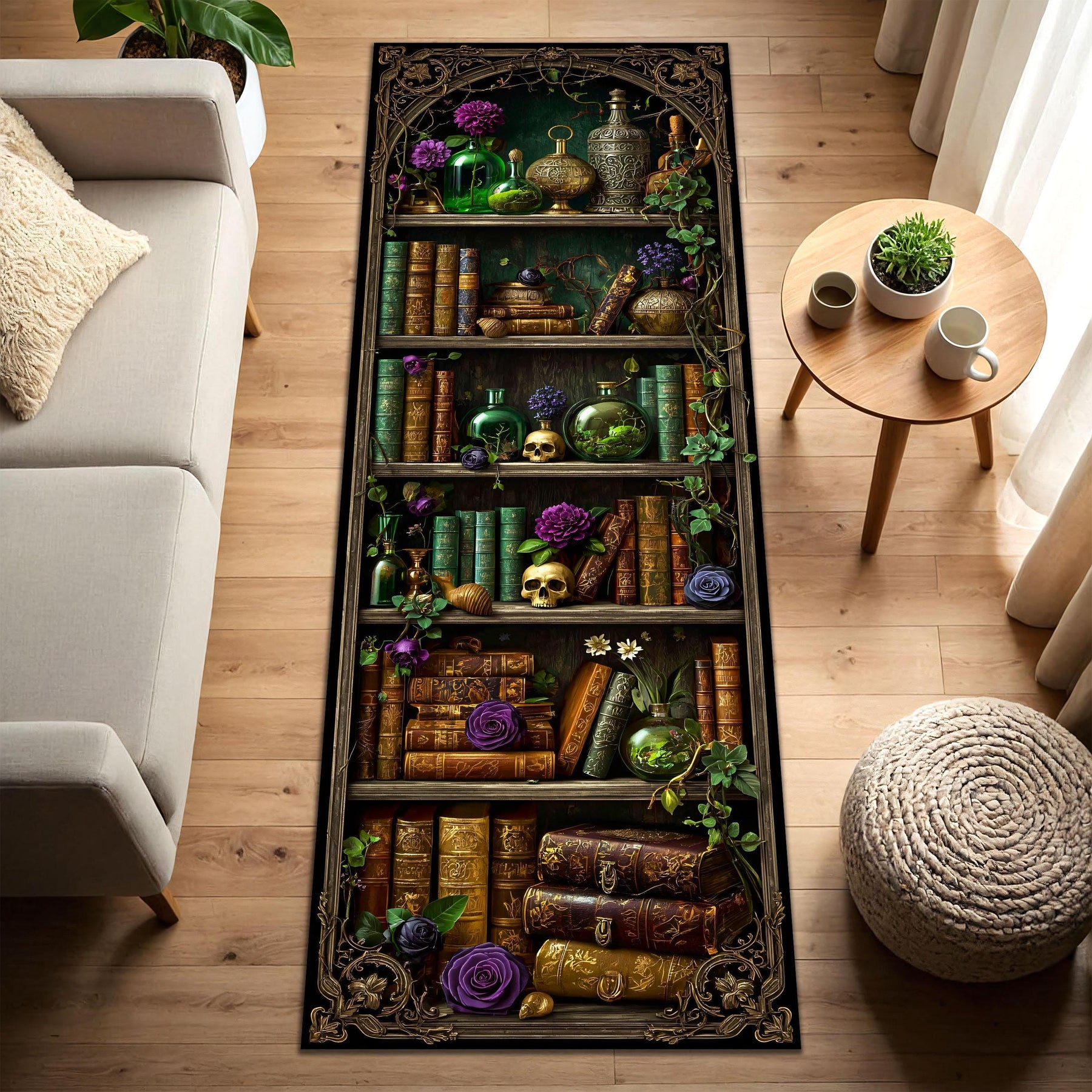 Witch Bookshelf Runner Rug, Gothic Witchcore Halloween Potion Shelf Carpet with Skulls, Dark Academia