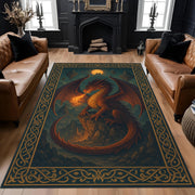Fire Dragon Fantasy Rug, Medieval Dragon Carpet, Gothic Mythical Creature Rug, Washable DnD Area Rug for Gamer or RPG Room Decor