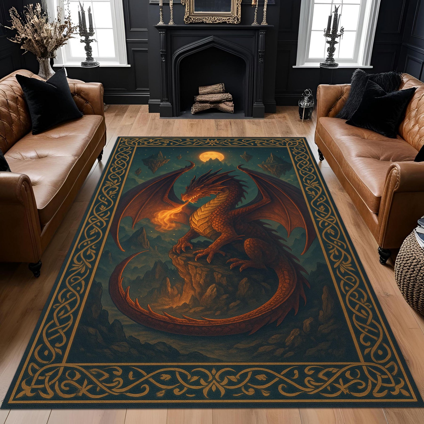 Fire Dragon Fantasy Rug, Medieval Dragon Carpet, Gothic Mythical Creature Rug, Washable DnD Area Rug for Gamer or RPG Room Decor