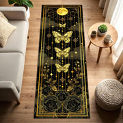 Golden Butterfly Moon Runner Rug, Gothic Celestial Hallway Carpet with Roses and Stars, Elegant Black and Gold Floor Decor for Witchy Homes