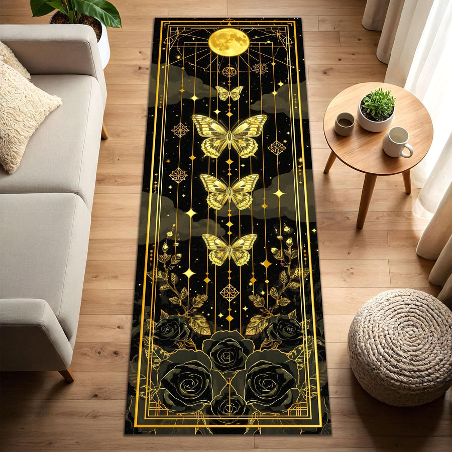 Golden Butterfly Moon Runner Rug, Gothic Celestial Hallway Carpet with Roses and Stars, Elegant Black and Gold Floor Decor for Witchy Homes