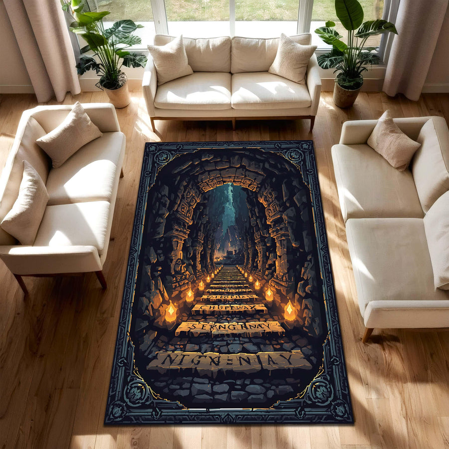 Dwarf Mine 3D Illusion Rug, Fantasy Dungeon Cave Carpet for Living Room or Gamer Decor, Cozy Medieval Hallway Mat, Geeky Home Gift Idea