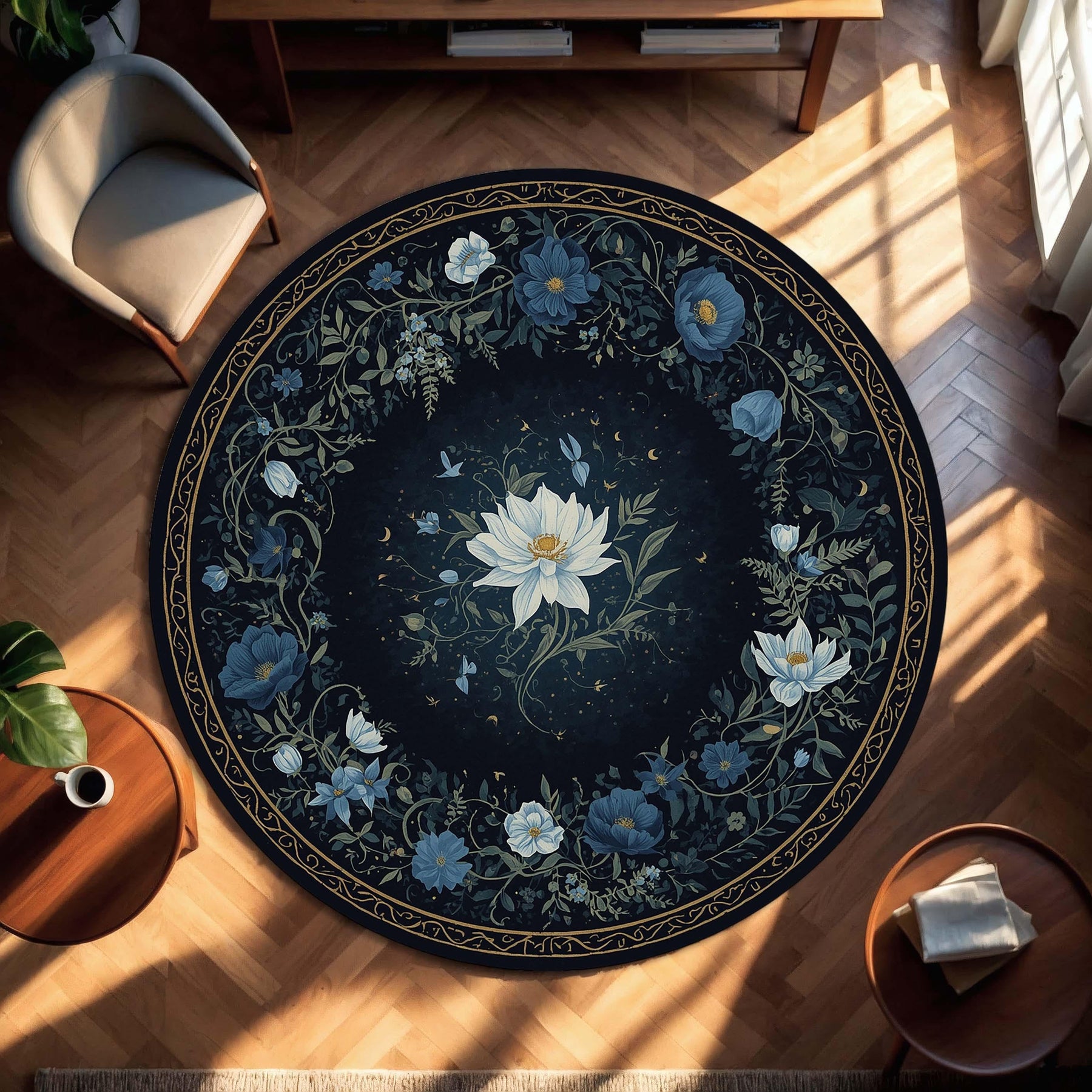 Dark Floral Round Area Rug With Moonlit Botanical Pattern, Vintage Navy Blue Flower Carpet For Living Room Decor, Boho Mystical Floor Mat