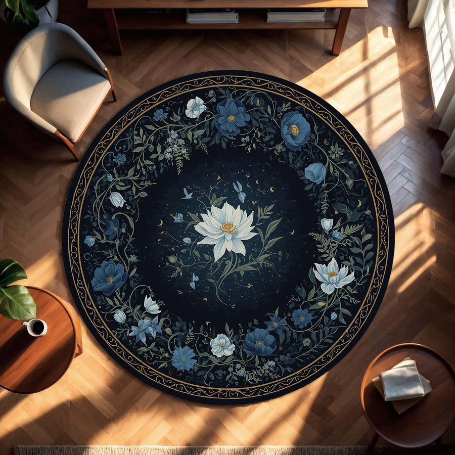 Dark Floral Round Area Rug With Moonlit Botanical Pattern, Vintage Navy Blue Flower Carpet For Living Room Decor, Boho Mystical Floor Mat