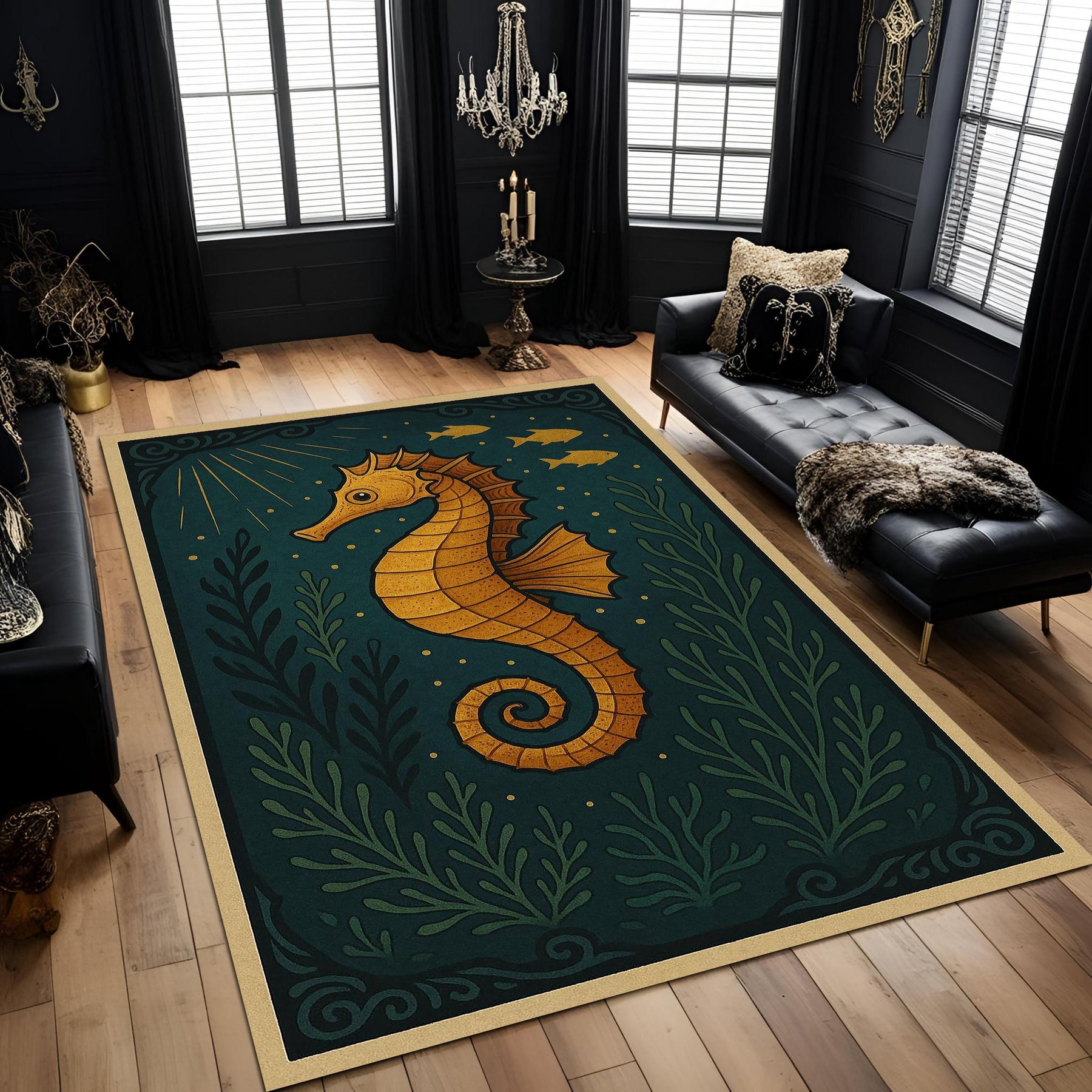 Seahorse Rug With Deep Sea Theme, Golden Nautical Carpet, Dark Teal Marine Decor, Whimsical Ocean Animal Living Room Rug