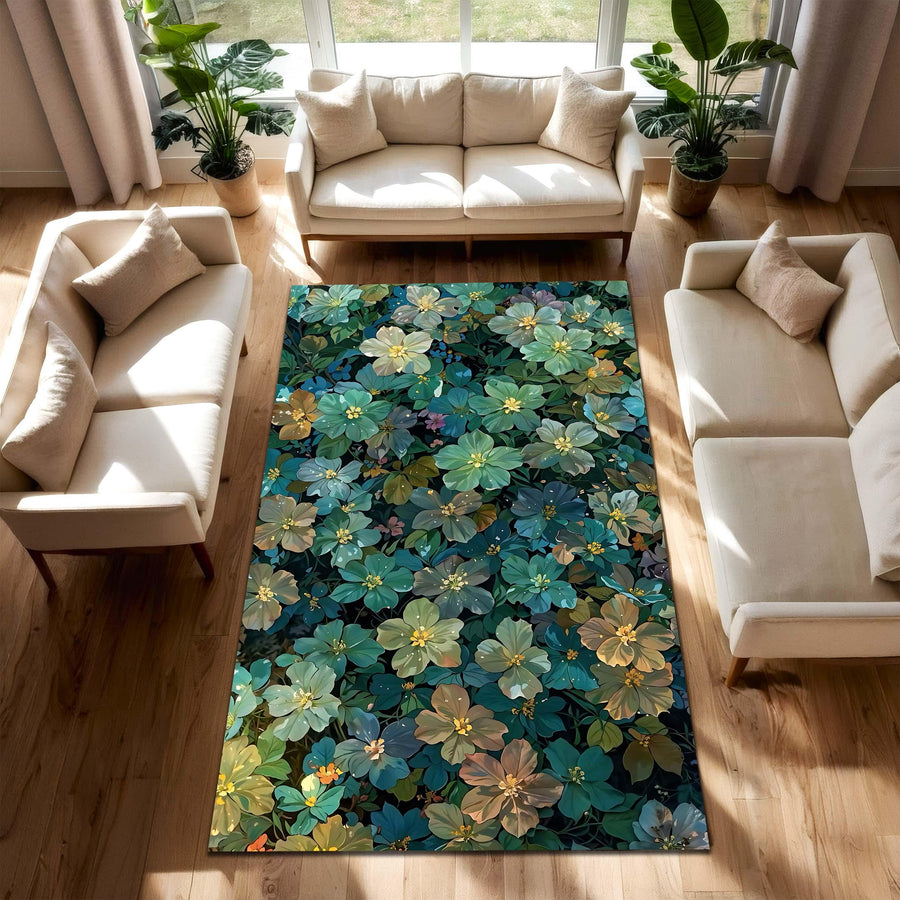 Cottagecore Floral Area Rug, Botanical Flower Carpet for Living Room or Bedroom, Nature Inspired Green Blue Pattern, Modern Teal Home Decor