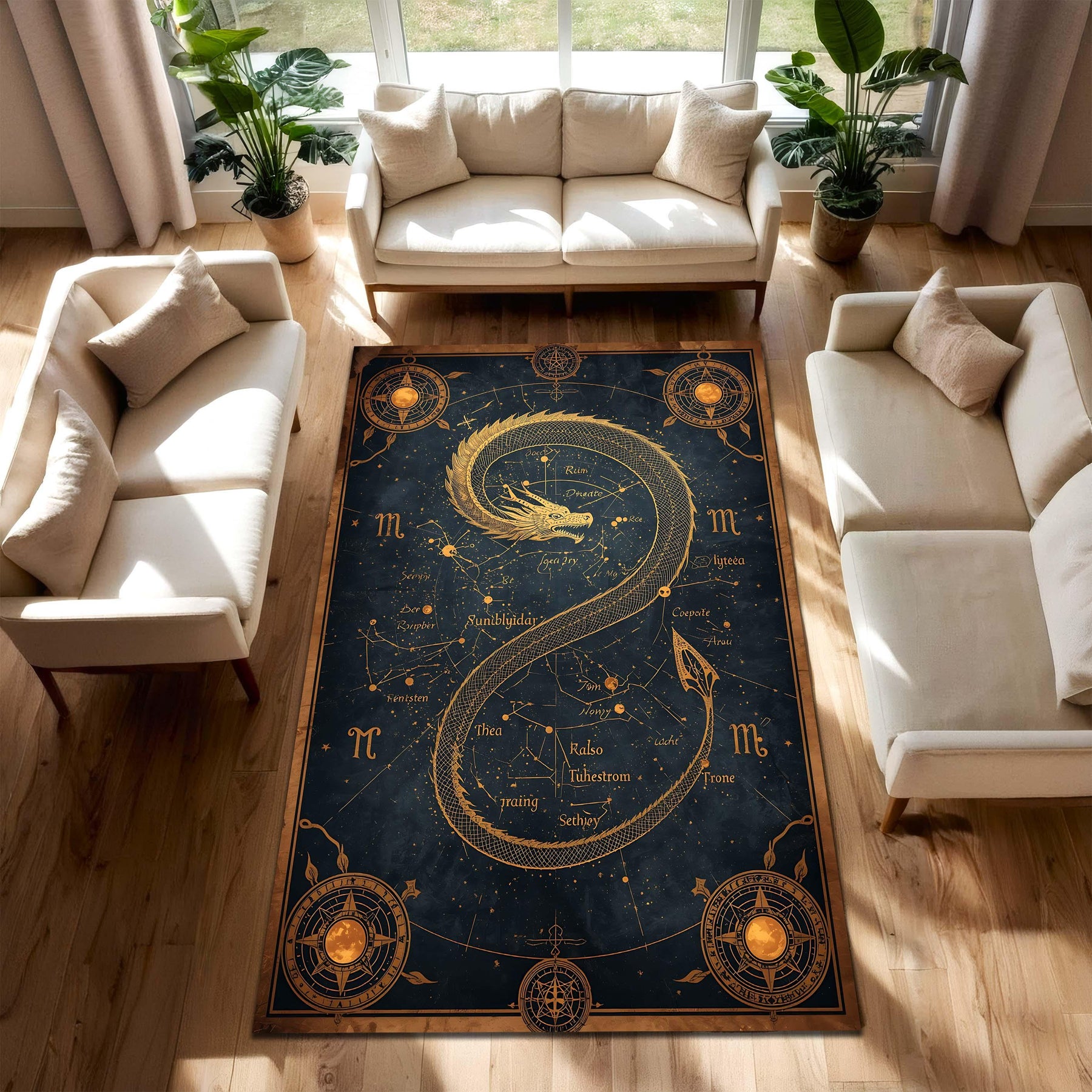 Celestial Ouroboros Serpent Star Map Rug, Vintage Astrology Constellation Chart Carpet in Navy and Gold, Mystical Occult Alchemy Decor