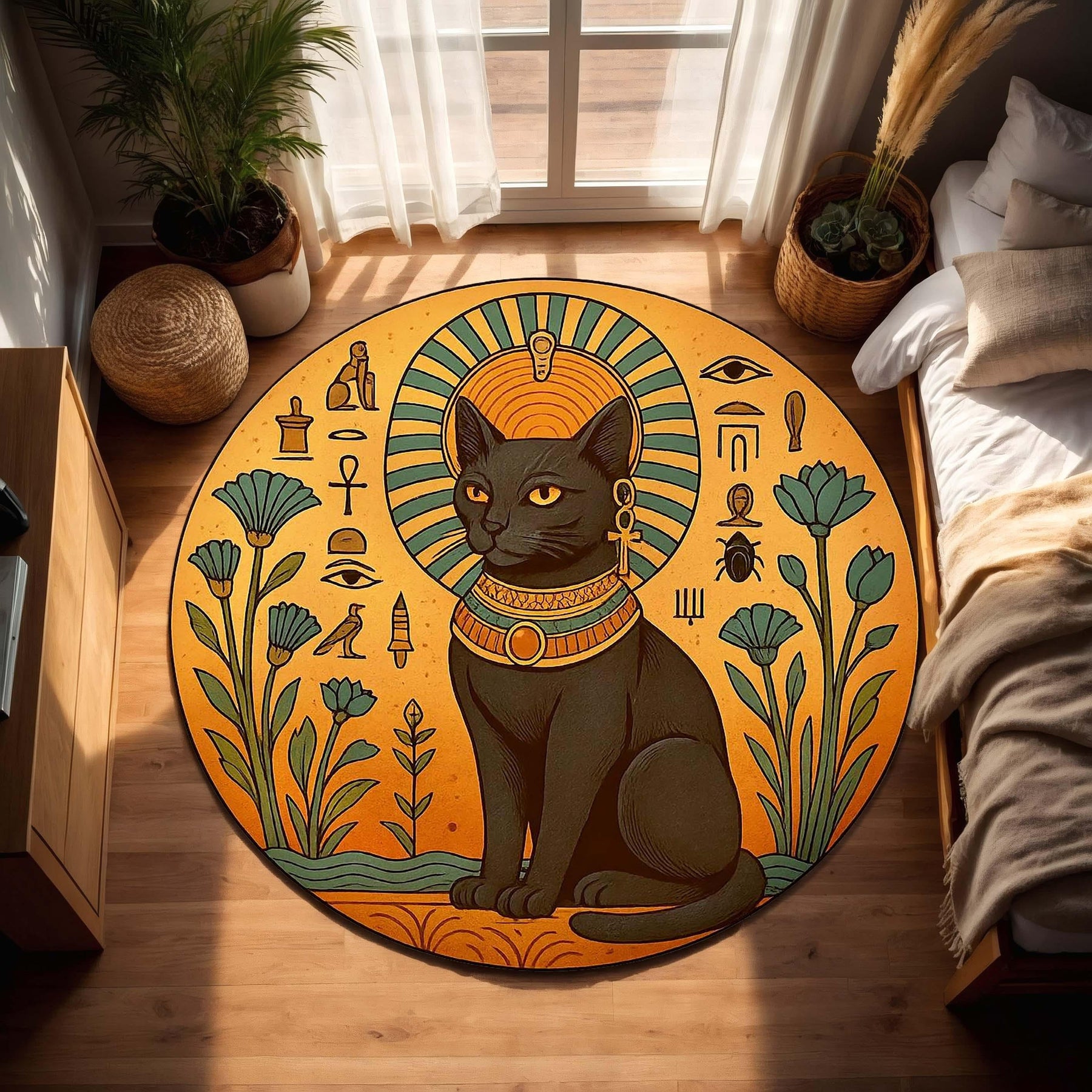 Egyptian Black Cat Rug, Bastet Round Carpet, Witchy Ankh Eye of Horus Decor, Sun Symbol Esoteric Mat for Cat Lovers and Spiritual Homes
