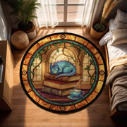 Sleeping Dragon Book Rug, Cozy Fantasy Library Decor with Tea and Books, Round Vitray Style Carpet, Book Lover Gift for Readers and Writers