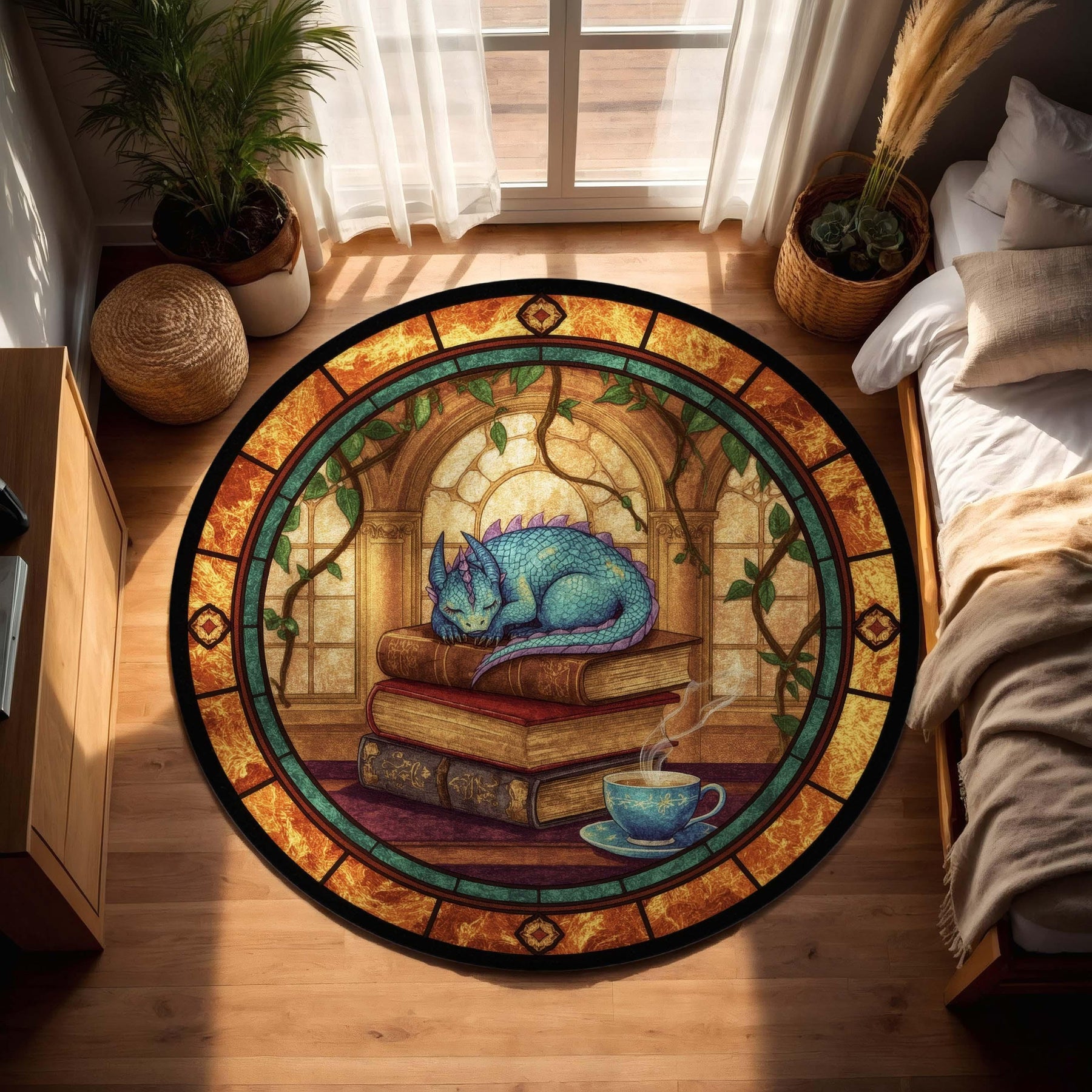 Sleeping Dragon Book Rug, Cozy Fantasy Library Decor with Tea and Books, Round Vitray Style Carpet, Book Lover Gift for Readers and Writers
