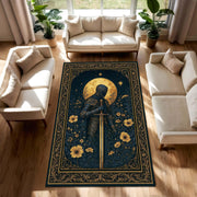 Medieval Tapestry Style Rug With Knight And Moon, Gothic Floral Carpet, Dark Fantasy Floor Rug For Castlecore Decor And Medieval Interiors