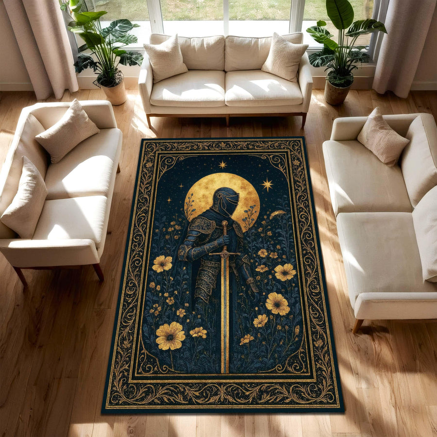 Medieval Tapestry Style Rug With Knight And Moon, Gothic Floral Carpet, Dark Fantasy Floor Rug For Castlecore Decor And Medieval Interiors