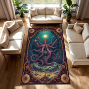 Octopus Area Rug, Nautical Kraken Carpet for Living Room, Whimsical Underwater Ocean Decor, Vintage Victorian Border, Purple Teal Boho