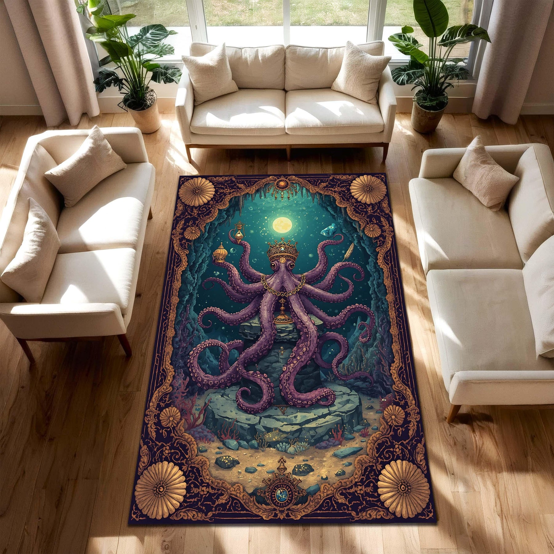 Octopus Area Rug, Nautical Kraken Carpet for Living Room, Whimsical Underwater Ocean Decor, Vintage Victorian Border, Purple Teal Boho