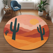 Desert Landscape Rug: Round Boho Carpet With Cactus And Sunset Abstract Design, Modern Southwestern Decor For Cozy Artistic Interiors