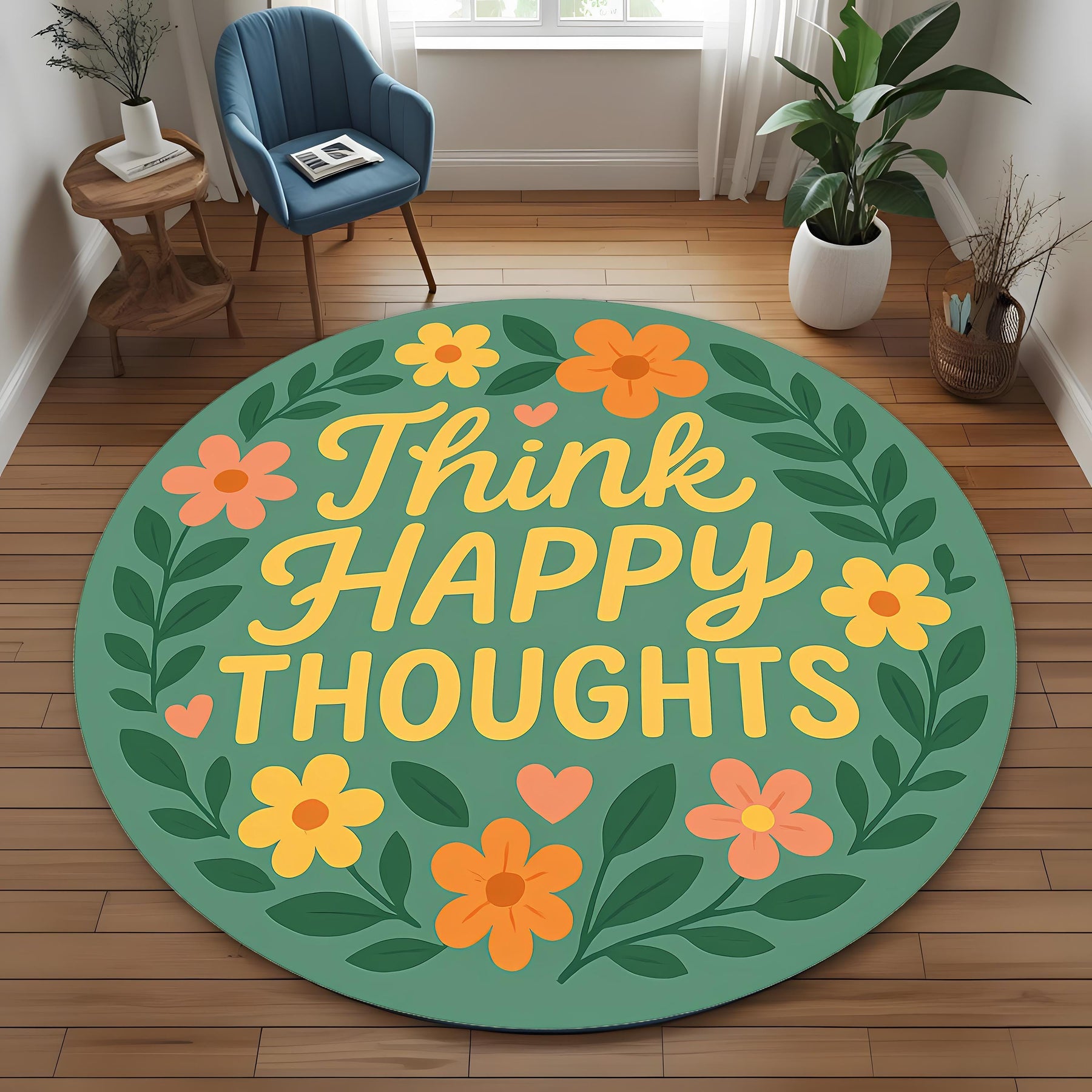 Think Happy Thoughts Round Rug: Positive Affirmation Quote Rug with Florals for Cozy Decor, Gift or Mindful Living Spaces