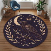 Raven Moon Round Rug: Mystic Crow Design With Eye & Stars For Gothic Or Occult Room Decor