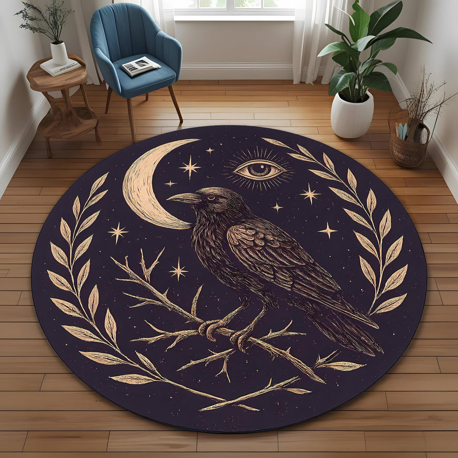 Raven Moon Round Rug: Mystic Crow Design With Eye & Stars For Gothic Or Occult Room Decor