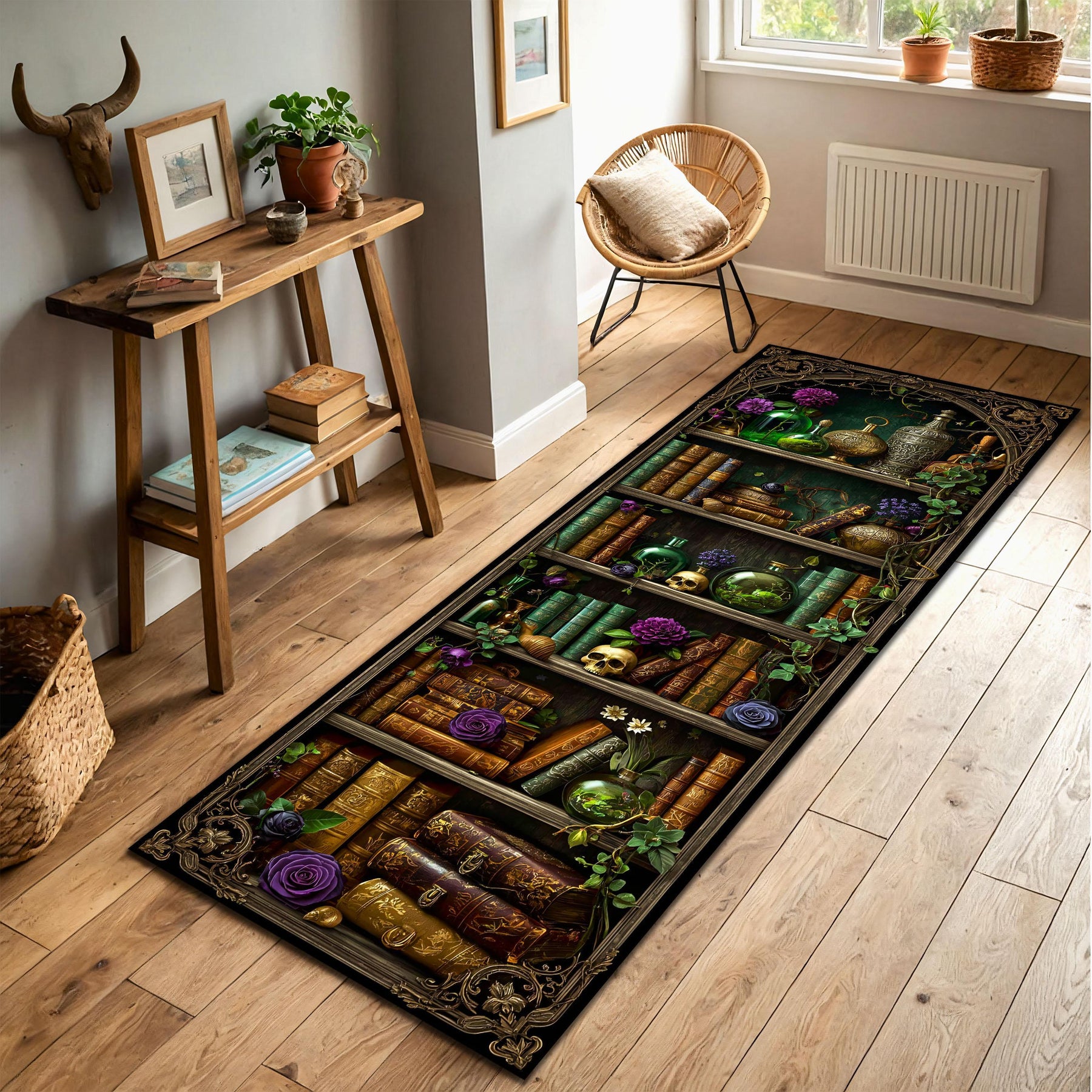 Witch Bookshelf Runner Rug, Gothic Witchcore Halloween Potion Shelf Carpet with Skulls, Dark Academia