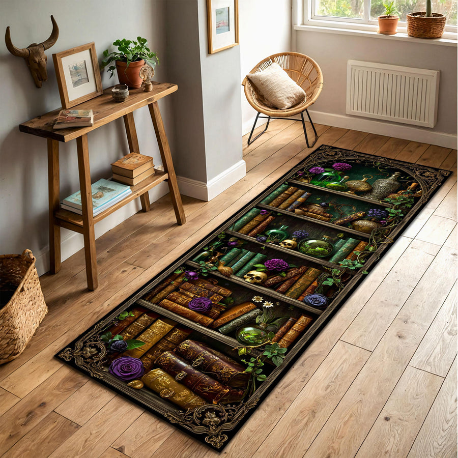 Witch Bookshelf Runner Rug, Gothic Witchcore Halloween Potion Shelf Carpet with Skulls, Dark Academia