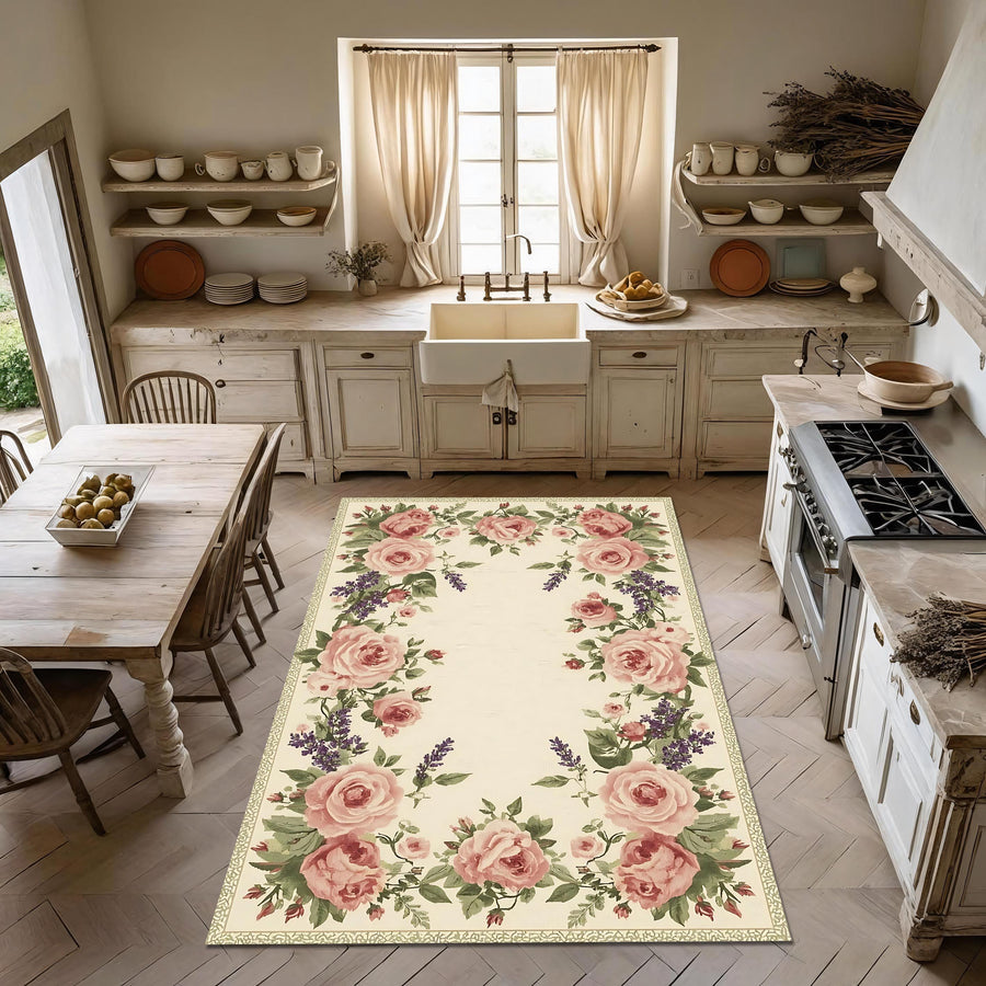 Châteaucore French Floral Rug, Cottagecore Rose Carpet for Living Room