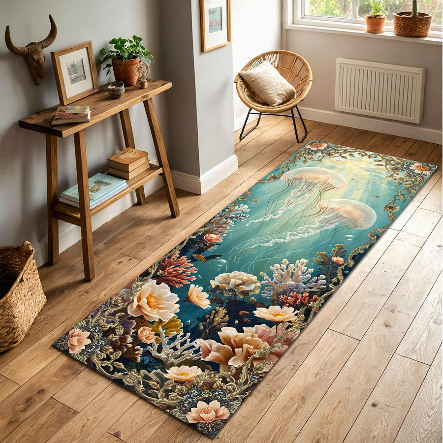 Underwater Jellyfish Runner Rug, Elegant Ocean Carpet with Coral Reef and Flowers, Fantasy Marine Floor Decor for Coastal or Cottage Homes