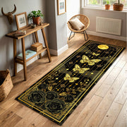 Golden Butterfly Moon Runner Rug, Gothic Celestial Hallway Carpet with Roses and Stars, Elegant Black and Gold Floor Decor for Witchy Homes