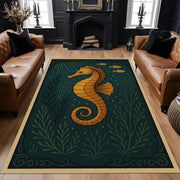 Seahorse Rug With Deep Sea Theme, Golden Nautical Carpet, Dark Teal Marine Decor, Whimsical Ocean Animal Living Room Rug