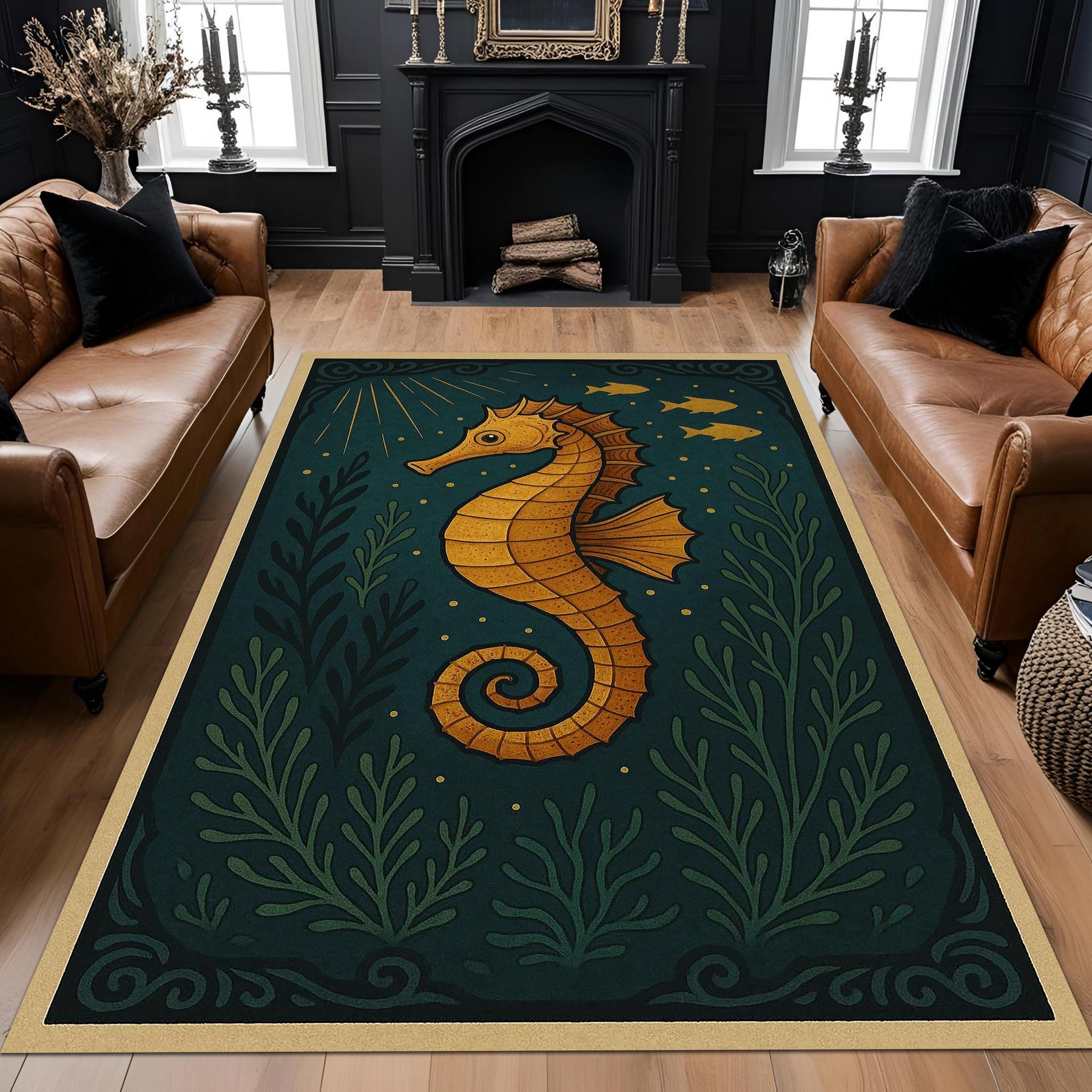 Seahorse Rug With Deep Sea Theme, Golden Nautical Carpet, Dark Teal Marine Decor, Whimsical Ocean Animal Living Room Rug