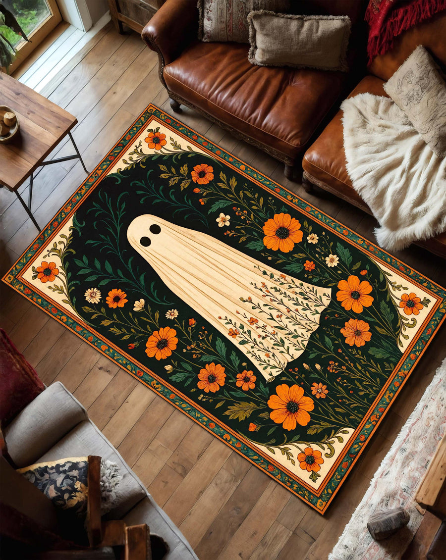 Ghost Halloween Rug with Orange Flowers, Spooky Cottagecore Carpet for Fall Living Room, Retro Cute Ghost Floral Area Rug for Autumn Decor