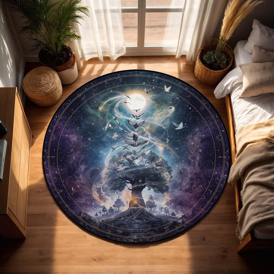 Celestial Tree of Life Round Rug, Mystical Galaxy Carpet with Birds and Moon, Spiritual Boho Floor Art for Living Room or Meditation Space