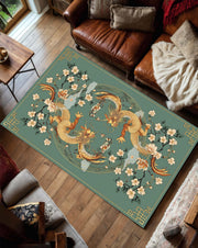 Oriental Dragon and Cherry Blossom Rug – Asian Mythology Inspired Art Carpet with Gold Dragon Design for Living Room or Bedroom