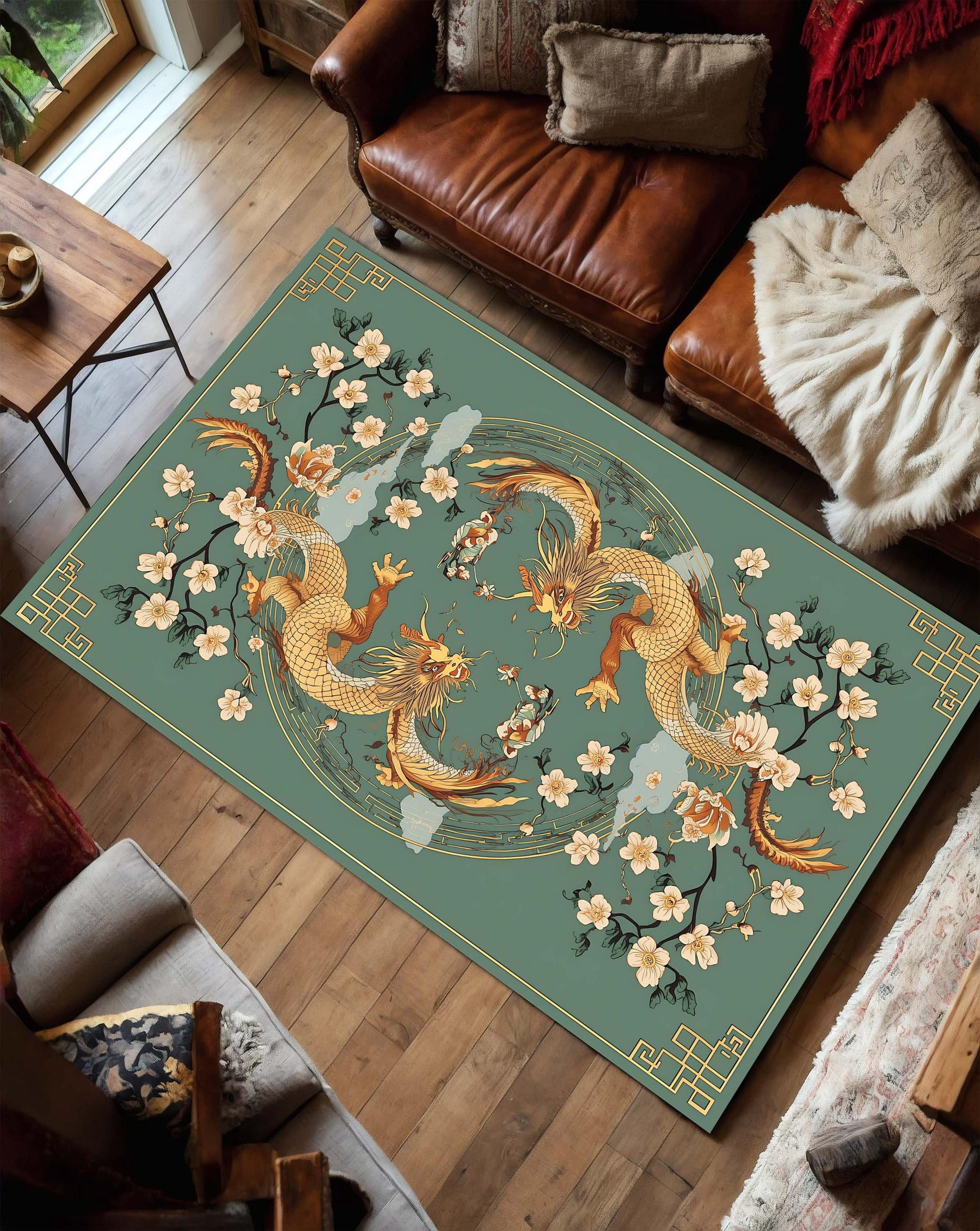 Oriental Dragon and Cherry Blossom Rug – Asian Mythology Inspired Art Carpet with Gold Dragon Design for Living Room or Bedroom