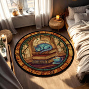 Sleeping Dragon Book Rug, Cozy Fantasy Library Decor with Tea and Books, Round Vitray Style Carpet, Book Lover Gift for Readers and Writers