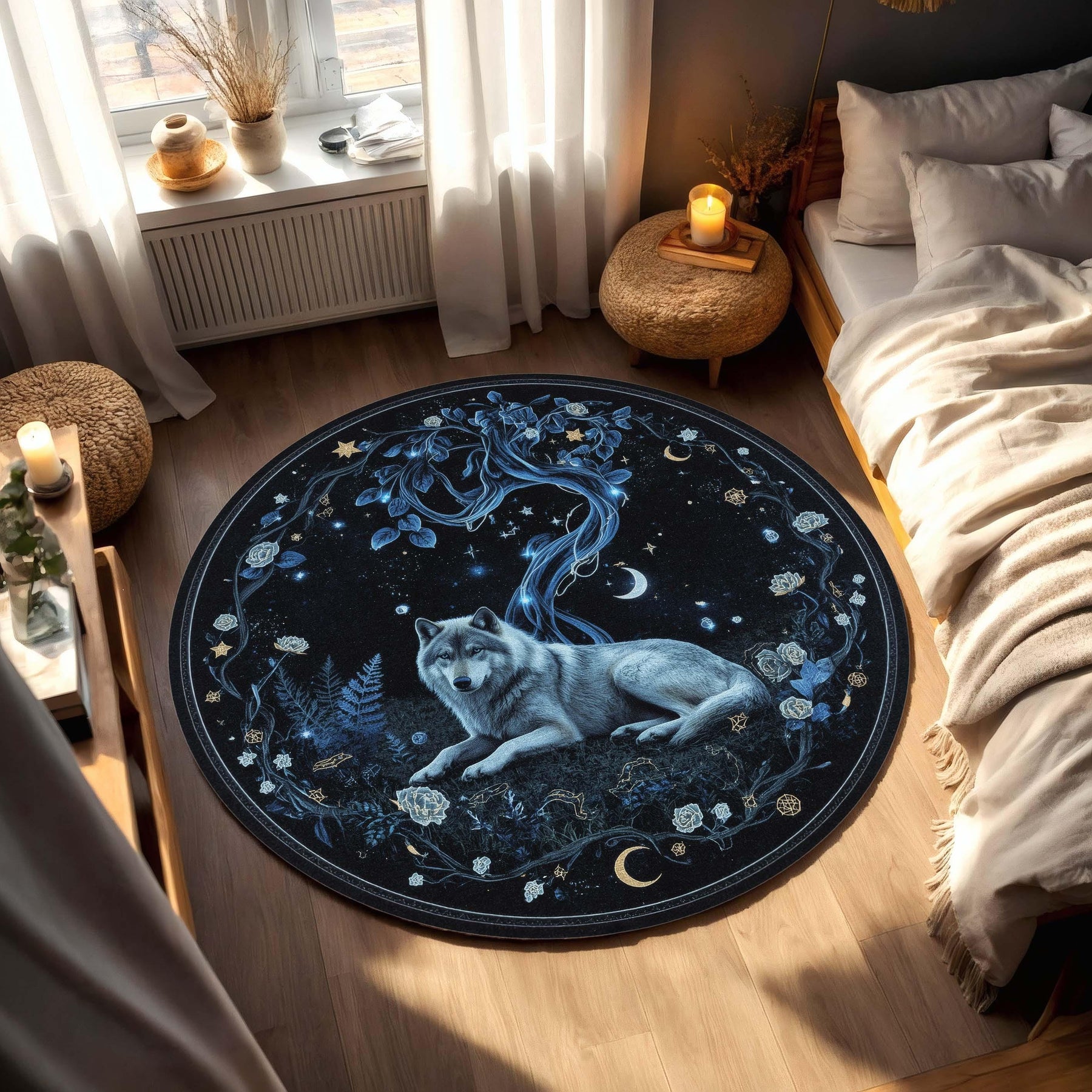 Celestial Wolf Round Rug | Moonlit Forest Carpet with Starry Tree & Night Sky | Mystical Animal Decor for Dreamy Interiors | Silver Wolf Rug