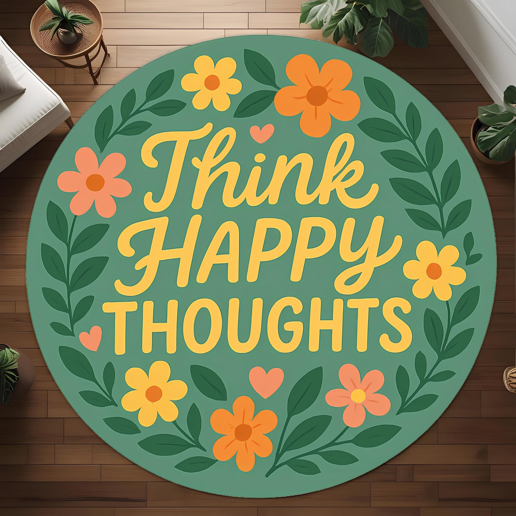 Think Happy Thoughts Round Rug: Positive Affirmation Quote Rug with Florals for Cozy Decor, Gift or Mindful Living Spaces