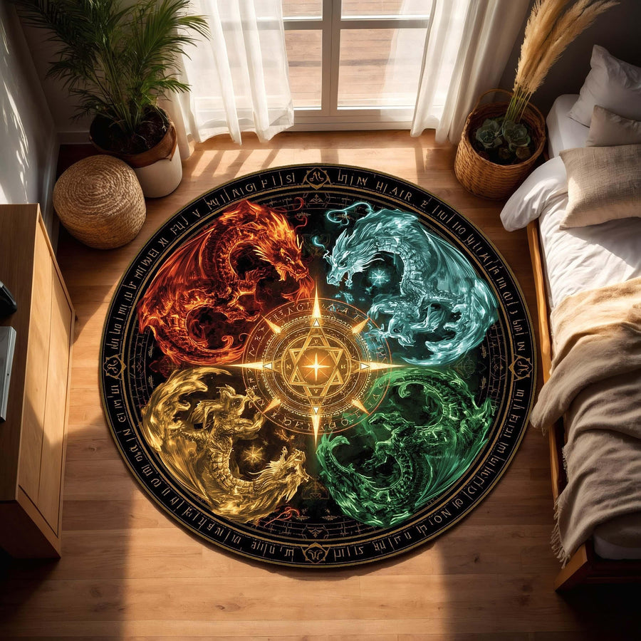 Round Elemental Dragon Rug With Fire Water Earth Air Symbols, Fantasy Magic Circle Carpet For Gamers Wizards Book Lovers And Mystic Decor