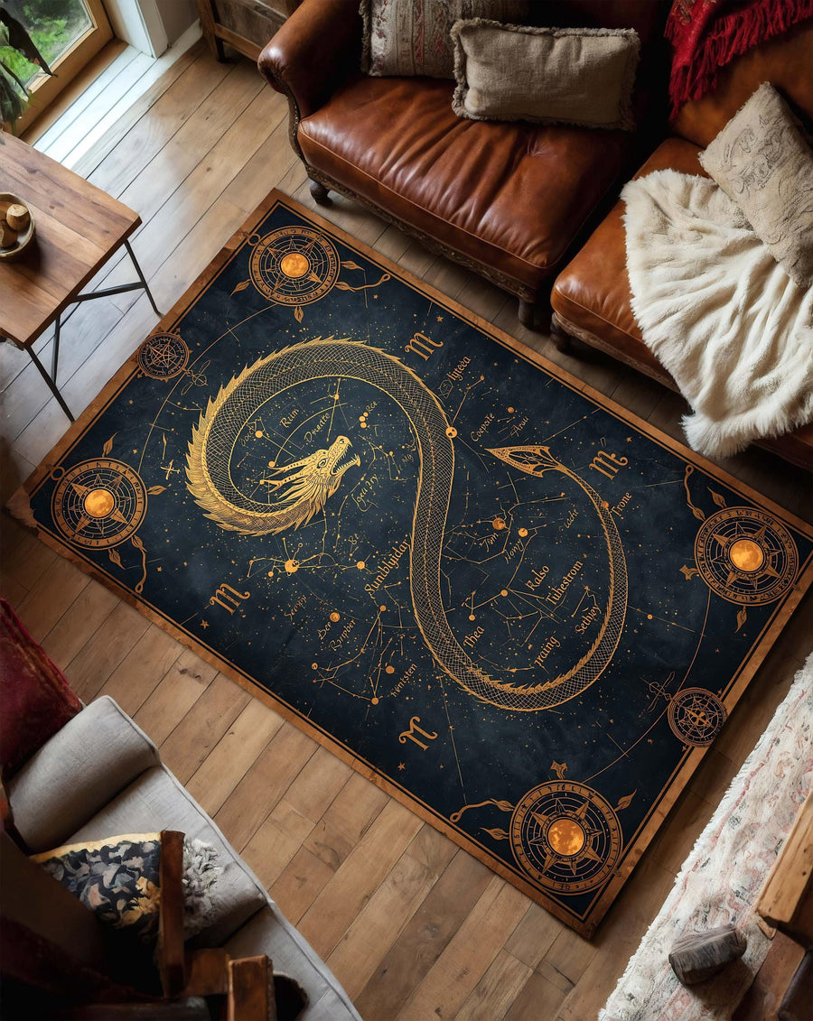 Celestial Ouroboros Serpent Star Map Rug, Vintage Astrology Constellation Chart Carpet in Navy and Gold, Mystical Occult Alchemy Decor