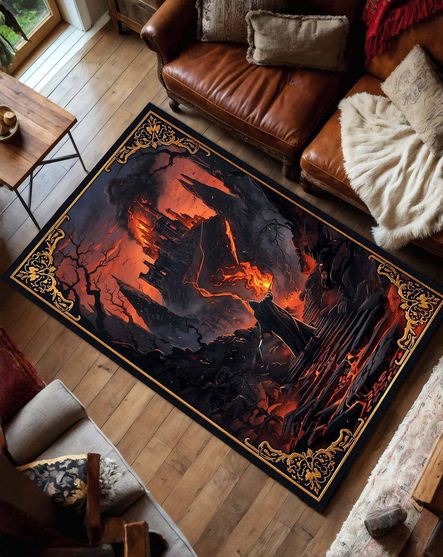 Dark Fantasy Burning Castle Area Rug, Lava Path Wizard Art Carpet for Living Room Bedroom Gamer Space & DnD Decor, Non Slip Soft Gift Rug