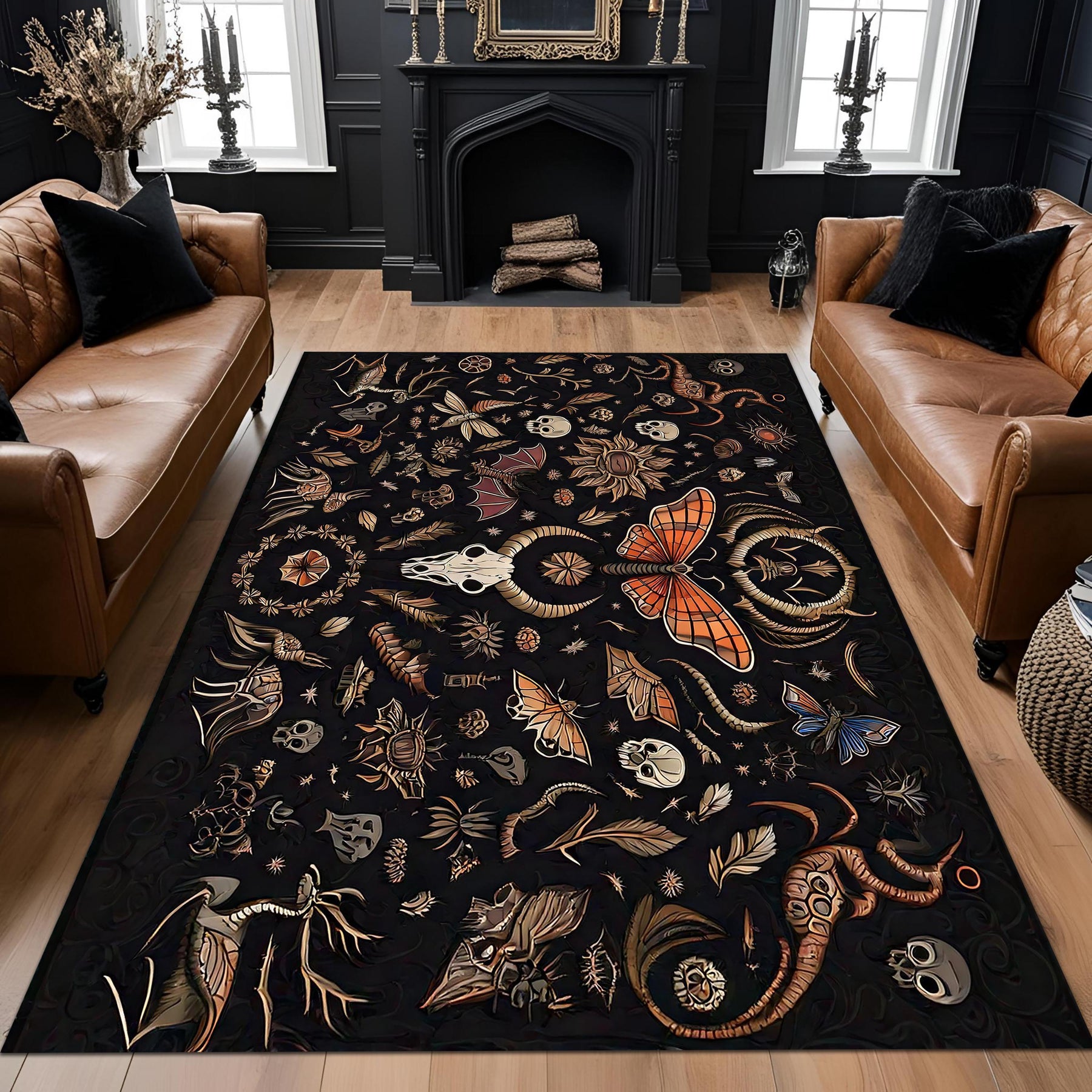 Gothic Skull and Moth Rug: Witchy Dark Forest Decor
