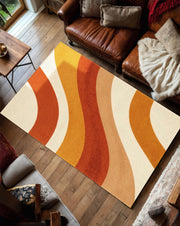 Retro Wavy Orange Area Rug | Mid Century Modern Warm Color Carpet | Groovy Pattern Washable Rug for Living Room or Bedroom Decor
