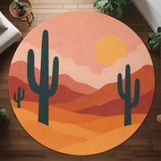 Desert Landscape Rug: Round Boho Carpet With Cactus And Sunset Abstract Design, Modern Southwestern Decor For Cozy Artistic Interiors