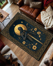 Medieval Tapestry Style Rug With Knight And Moon, Gothic Floral Carpet, Dark Fantasy Floor Rug For Castlecore Decor And Medieval Interiors