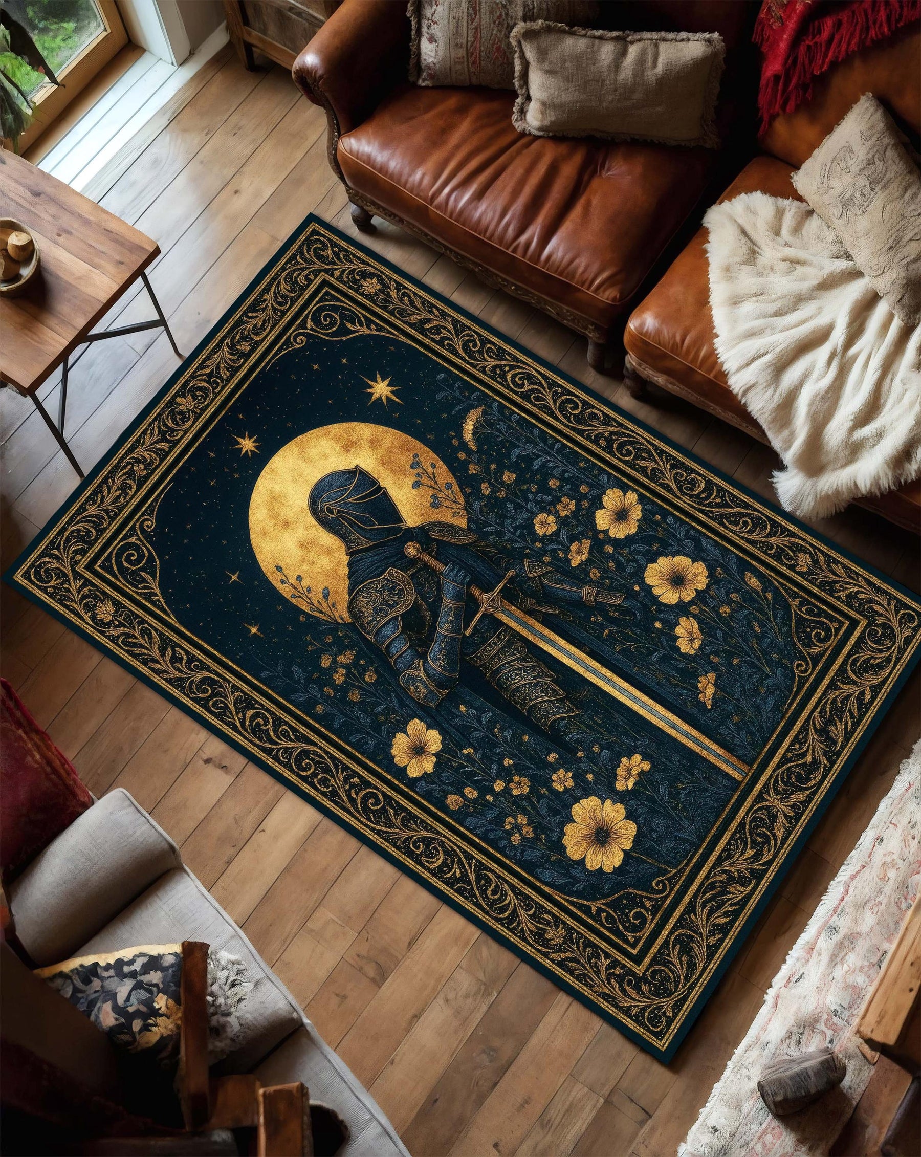 Medieval Tapestry Style Rug With Knight And Moon, Gothic Floral Carpet, Dark Fantasy Floor Rug For Castlecore Decor And Medieval Interiors