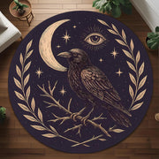 Raven Moon Round Rug: Mystic Crow Design With Eye & Stars For Gothic Or Occult Room Decor